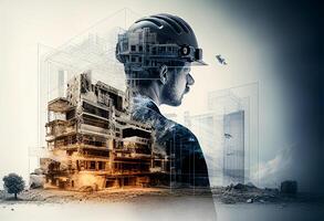 Silhouette of engineer looking at construction site. Engineering concept. Double exposure photo