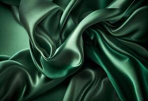 Green satin fabric background close up. Luxurious background design. photo