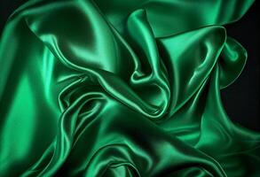 Green satin fabric background close up. Luxurious background design. photo