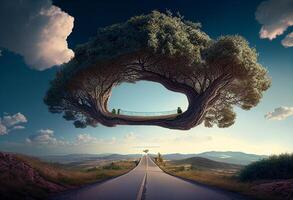 conceptual imagen de la carretera en el formar de un árbol. generativo ai foto