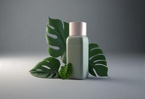 Cosmetic bottle with green leaves on a gray background. 3D rendering photo