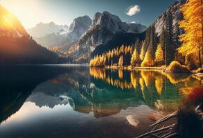 otoño paisaje con lago y montañas en el antecedentes. lago en el montañas. generativo ai foto