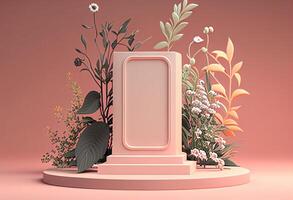 3d render of minimal display podium with tropical plants and flowers. photo