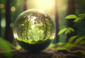 Crystal ball in green forest with ferns. 3D rendering photo