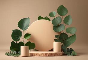 3d render of minimal display podium with tropical plants and flowers. photo