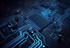 Circuit board futuristic technology background. blue 3d rendering toned image generative ai photo