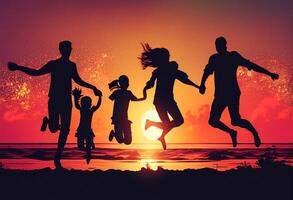 silueta de un contento familia saltando en el playa a puesta de sol generativo ai foto