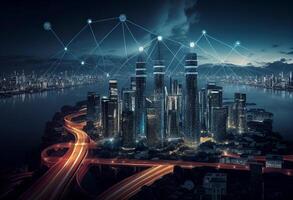 Abstract image of modern city and network connection concept. 3D Rendering photo