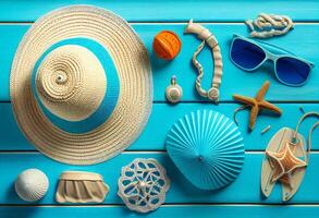 Summer vacation items on blue wooden background. Top view with copy space photo