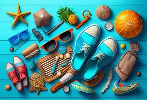 Summer vacation items on blue wooden background. Top view with copy space photo