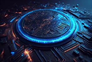 Circuit board futuristic technology background. blue 3d rendering toned image photo
