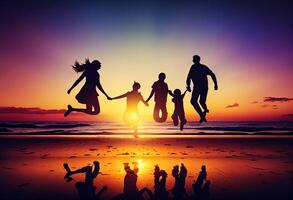 silueta de un contento familia saltando en el playa a puesta de sol generativo ai foto