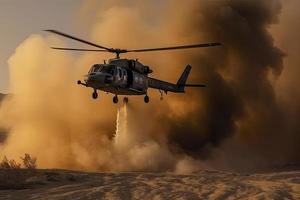 military chopper crosses crosses fire and smoke in the desert, wide poster design photo