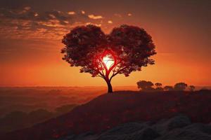 corazón árbol amor para naturaleza rojo paisaje a puesta de sol foto