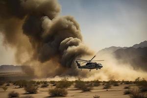 militar helicóptero cruces cruces fuego y fumar en el desierto, amplio póster diseño foto