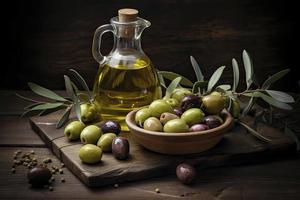 Olive oil with fresh olives on rustic wood close up photo