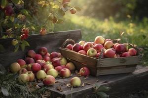 manzana cosecha en el jardín. selectivo enfocar. comida foto
