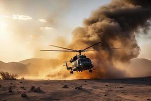 military chopper crosses crosses fire and smoke in the desert, wide poster design photo