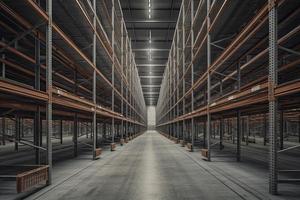 Huge distribution warehouse with high shelves photo