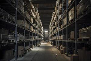 Huge distribution warehouse with high shelves photo