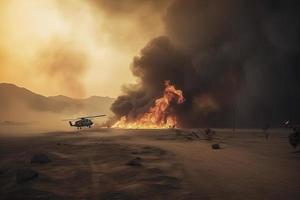 military chopper crosses crosses fire and smoke in the desert, wide poster design photo