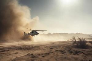 militar helicóptero cruces cruces fuego y fumar en el desierto, amplio póster diseño foto