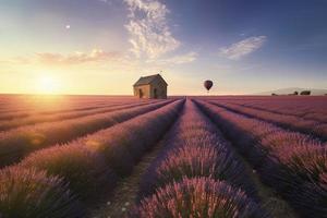 Endless lavender field with little shed and flying hot air balloon at a sunrise time in Valensole, Provence, France photo