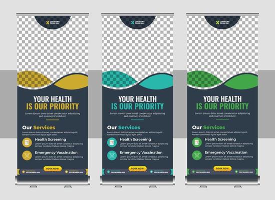 Professional health care and medical roll up design template, standee and banner template decoration for exhibition, printing, presentation and brochure flyer