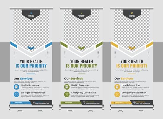 Professional health care and medical roll up design template, standee and banner template decoration for exhibition, printing, presentation and brochure flyer