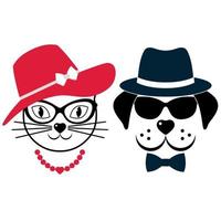 Creative illustration of a dog and a cat in a hat and glasses on a white background vector