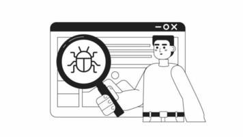animerad mono debug webb Ansökan. programvara utvecklare testning app. 2d svart och vit platt karaktär 4k video antal fot med alfa kanal genomskinlighet. tunn linje konst begrepp animering för webb design