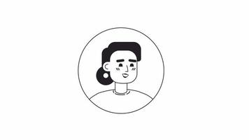 Animated bw smiling lady icon. Corporate flat character avatar animation on white background with alpha channel transparency. Monochromatic cartoon style round badge 4K video footage for web design