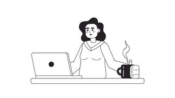 Animated mono lady with laptop. Female freelance programmer. Thin line flat character animation on white with alpha channel transparency. Monochromatic cartoon style 4K video footage for web design