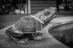 famous frog in lebork poland in a hand-knitted red cape for Christmas close-up photo