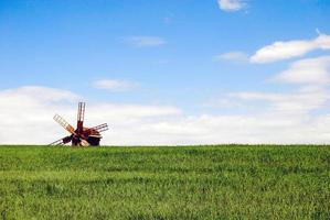 old wooden windmill at horizon behind green field against blue sunny sky photo