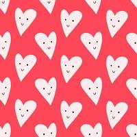 Cheerful heart with smiling face, hand drawn flat seamless pattern on red background. Valentine's day holiday. Great for wrapping paper. vector