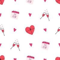Valentine's day seamless pattern, flat vector illustration on white background. Holiday celebration elements - calendar, wine glasses clinking, candy box in shape of heart.