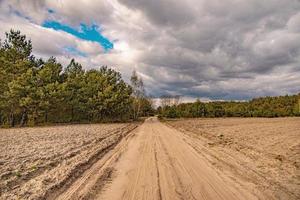 spring landscape with a dirt road, fields, trees and sky with clouds in Poland photo