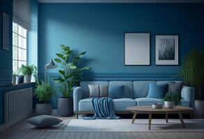 moderno vivo habitación interior con sofá, café mesa y plantas. 3d representación generativo ai foto