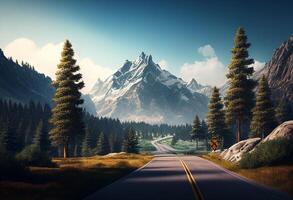 Mountain road with pine trees and blue sky. 3d rendering photo