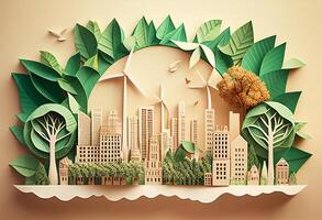 papel cortar eco ciudad paisaje con viento turbinas papel Arte estilo. ilustración. generativo ai foto