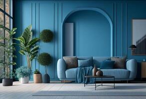 moderno vivo habitación interior con sofá, café mesa y plantas. 3d representación generativo ai foto