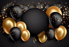 Black and gold balloons on a black background with confetti. 3d illustration. photo