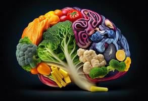 Human brain made of vegetables and fruits on black background. 3d illustration photo