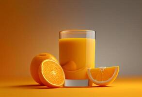 naranja jugo en un vaso en naranja antecedentes. 3d ilustración. generativo ai foto