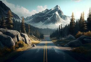 montaña la carretera con pino arboles y azul cielo. 3d representación generativo ai foto