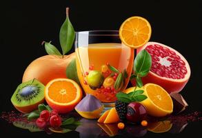 mezcla Fruta jugo en un vaso con Fresco frutas generativo ai foto