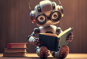 3D rendering of a little robot reading a book in a dark room photo