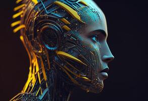 3d rendering of a female cyborg with digital circuit on her head photo