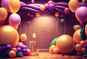 3d Illustration of stage with a lot of colorful balloons and confetti photo